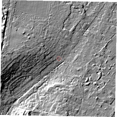 Shaded relief map of the ground around SL58PX, computed from Environment Agency LiDAR. The ground here sits at about 70 m above sea level and falls 15 m across the surrounding 800 m. Surface water reaching this point runs off ground lying to the west, 10.2 m higher.