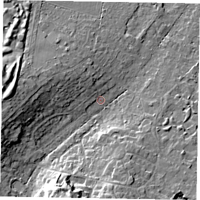 Shaded relief map of the ground around SL58PY, computed from Environment Agency LiDAR. The ground here sits at about 70 m above sea level and falls 18 m across the surrounding 800 m. Surface water reaching this point runs off ground lying to the west-north-west, 6.5 m higher.