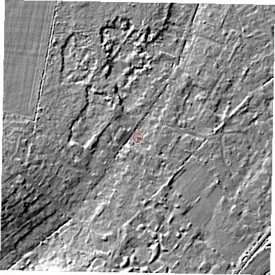 Shaded relief map of the ground around SL58PZ, computed from Environment Agency LiDAR. The ground here sits at about 68 m above sea level and falls 10 m across the surrounding 800 m. Surface water reaching this point runs off ground lying to the west-south-west, 7.4 m higher.