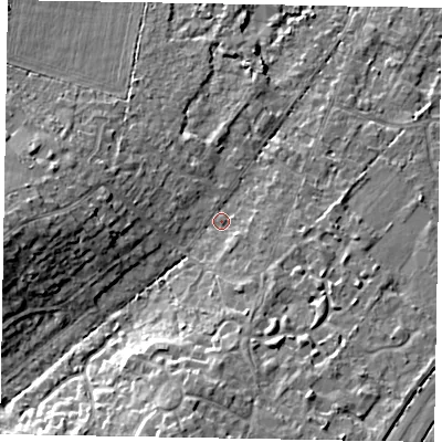 Shaded relief map of the ground around SL58QA, computed from Environment Agency LiDAR. The ground here sits at about 69 m above sea level and falls 12 m across the surrounding 800 m. Surface water reaching this point runs off ground lying to the west, 9.3 m higher.