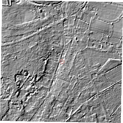 Shaded relief map of the ground around SL58QB, computed from Environment Agency LiDAR. The ground here sits at about 65 m above sea level and falls 7 m across the surrounding 800 m. Surface water reaching this point runs off ground lying to the south-west, 4.6 m higher.