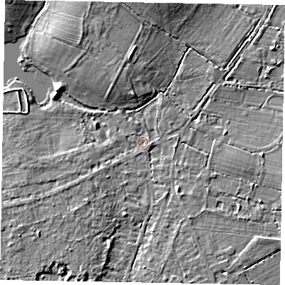 Shaded relief map of the ground around SL58QD, computed from Environment Agency LiDAR. The ground here sits at about 64 m above sea level and falls 5 m across the surrounding 800 m. Surface water reaching this point runs off ground lying to the south-west, 4.4 m higher.