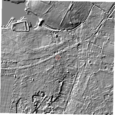 Shaded relief map of the ground around SL58QF, computed from Environment Agency LiDAR. The ground here sits at about 66 m above sea level and falls 6 m across the surrounding 800 m. Surface water reaching this point runs off ground lying to the south-south-west, 3.1 m higher.
