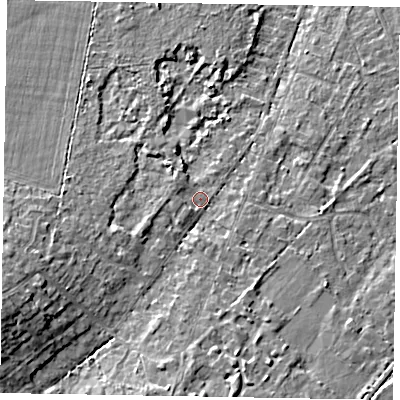 Shaded relief map of the ground around SL58QH, computed from Environment Agency LiDAR. The ground here sits at about 68 m above sea level and falls 11 m across the surrounding 800 m. Surface water reaching this point runs off ground lying to the west-south-west, 7.8 m higher.