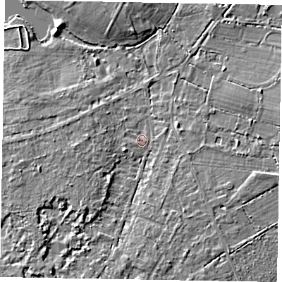 Shaded relief map of the ground around SL58QN, computed from Environment Agency LiDAR. The ground here sits at about 65 m above sea level and falls 6 m across the surrounding 800 m. Surface water reaching this point runs off ground lying to the south-west, 4.1 m higher.