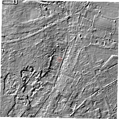 Shaded relief map of the ground around SL58QQ, computed from Environment Agency LiDAR. The ground here sits at about 66 m above sea level and falls 7 m across the surrounding 800 m. Surface water reaching this point runs off ground lying to the south-west, 5.0 m higher.