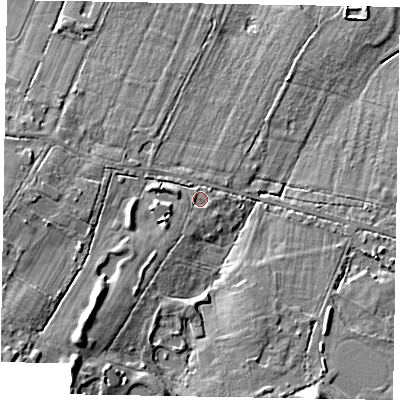 Shaded relief map of the ground around SL58QU, computed from Environment Agency LiDAR. The ground here sits at about 69 m above sea level and falls 19 m across the surrounding 800 m. Surface water reaching this point runs off ground lying to the south-west, 9.8 m higher.