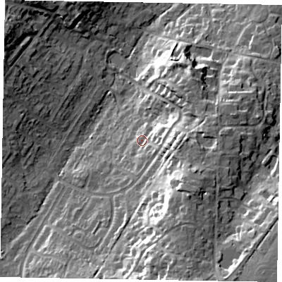 Shaded relief map of the ground around SL58TE, computed from Environment Agency LiDAR. The ground here sits at about 77 m above sea level and falls 22 m across the surrounding 800 m. Surface water reaching this point runs off ground lying to the east, 11.4 m higher.