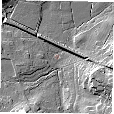 Shaded relief map of the ground around SL59AG, computed from Environment Agency LiDAR. The ground here sits at about 58 m above sea level and falls 27 m across the surrounding 800 m. Surface water reaching this point runs off ground lying to the south-south-west, 14.3 m higher.