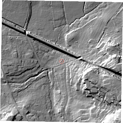 Shaded relief map of the ground around SL59BH, computed from Environment Agency LiDAR. The ground here sits at about 59 m above sea level and falls 32 m across the surrounding 800 m. Surface water reaching this point runs off ground lying to the south-east, 30.1 m higher.