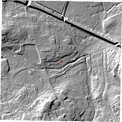 Shaded relief map of the ground around SL59BJ, computed from Environment Agency LiDAR. The ground here sits at about 60 m above sea level and falls 21 m across the surrounding 800 m. Surface water reaching this point runs off ground lying to the east, 19.3 m higher.