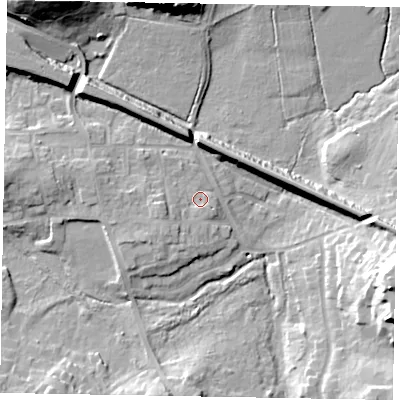 Shaded relief map of the ground around SL59BL, computed from Environment Agency LiDAR. The ground here sits at about 60 m above sea level and falls 25 m across the surrounding 800 m. Surface water reaching this point runs off ground lying to the west, 3.8 m higher.