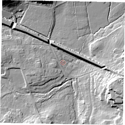 Shaded relief map of the ground around SL59BN, computed from Environment Agency LiDAR. The ground here sits at about 58 m above sea level and falls 25 m across the surrounding 800 m. Surface water reaching this point runs off ground lying to the west, 7.6 m higher.