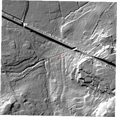 Shaded relief map of the ground around SL59BQ, computed from Environment Agency LiDAR. The ground here sits at about 60 m above sea level and falls 35 m across the surrounding 800 m. Surface water reaching this point runs off ground lying to the south-east, 32.3 m higher.
