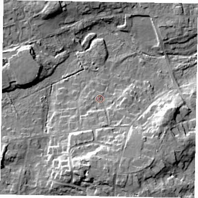 Shaded relief map of the ground around SL59HJ, computed from Environment Agency LiDAR. The ground here sits at about 64 m above sea level and falls 19 m across the surrounding 800 m. Surface water reaching this point runs off ground lying to the south-south-east, 8.7 m higher.