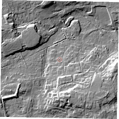 Shaded relief map of the ground around SL59HW, computed from Environment Agency LiDAR. The ground here sits at about 64 m above sea level and falls 18 m across the surrounding 800 m. Surface water reaching this point runs off ground lying to the south-south-east, 13.7 m higher.