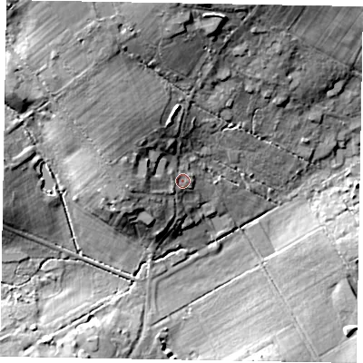 Shaded relief map of the ground around SL59LU, computed from Environment Agency LiDAR. The ground here sits at about 67 m above sea level and falls 18 m across the surrounding 800 m. Surface water reaching this point runs off ground lying to the west, 5.2 m higher.
