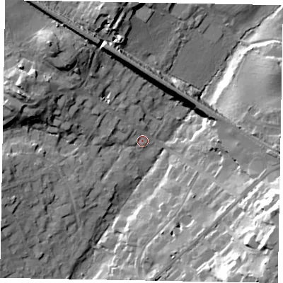 Shaded relief map of the ground around SL59QD, computed from Environment Agency LiDAR. The ground here sits at about 49 m above sea level and falls 28 m across the surrounding 800 m. Surface water reaching this point runs off ground lying to the west-north-west, 16.0 m higher.