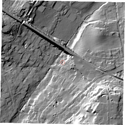 Shaded relief map of the ground around SL59QQ, computed from Environment Agency LiDAR. The ground here sits at about 49 m above sea level and falls 28 m across the surrounding 800 m. Surface water reaching this point runs off ground lying to the west-north-west, 17.6 m higher.