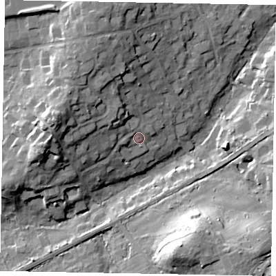 Shaded relief map of the ground around SL59QS, computed from Environment Agency LiDAR. The ground here sits at about 55 m above sea level and falls 22 m across the surrounding 800 m. Surface water reaching this point runs off ground lying to the west-north-west, 13.1 m higher.