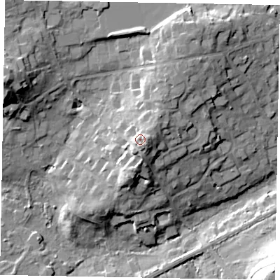 Shaded relief map of the ground around SL59QT, computed from Environment Agency LiDAR. The ground here sits at about 66 m above sea level and falls 22 m across the surrounding 800 m. Surface water reaching this point runs off ground lying to the east-south-east, 2.1 m higher.