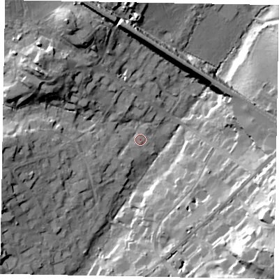 Shaded relief map of the ground around SL59RA, computed from Environment Agency LiDAR. The ground here sits at about 49 m above sea level and falls 27 m across the surrounding 800 m. Surface water reaching this point runs off ground lying to the west-south-west, 6.8 m higher.