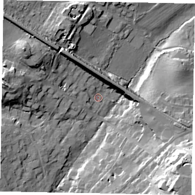 Shaded relief map of the ground around SL59RD, computed from Environment Agency LiDAR. The ground here sits at about 48 m above sea level and falls 28 m across the surrounding 800 m. Surface water reaching this point runs off ground lying to the west-north-west, 19.0 m higher.
