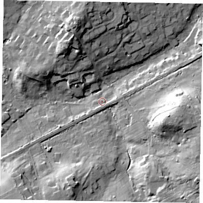 Shaded relief map of the ground around SL59RE, computed from Environment Agency LiDAR. The ground here sits at about 53 m above sea level and falls 21 m across the surrounding 800 m. Surface water reaching this point runs off ground lying to the east-south-east, 17.3 m higher.