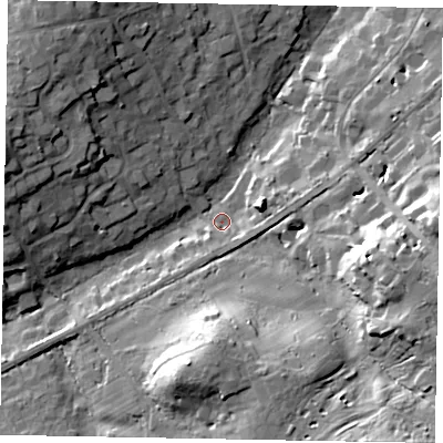 Shaded relief map of the ground around SL59RY, computed from Environment Agency LiDAR. The ground here sits at about 50 m above sea level and falls 26 m across the surrounding 800 m. Surface water reaching this point runs off ground lying to the south-south-east, 23.3 m higher.