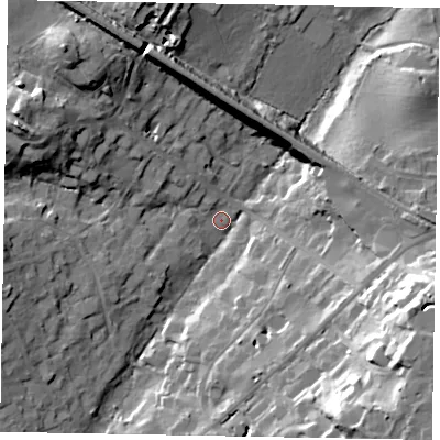 Shaded relief map of the ground around SL59SJ, computed from Environment Agency LiDAR. The ground here sits at about 48 m above sea level and falls 28 m across the surrounding 800 m. Surface water reaching this point runs off ground lying to the west-south-west, 11.9 m higher.