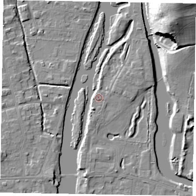 Shaded relief map of the ground around SL60AA, computed from Environment Agency LiDAR. The ground here sits at about 24 m above sea level and falls 40 m across the surrounding 800 m. Surface water reaching this point runs off ground lying to the north-east, 4.6 m higher.