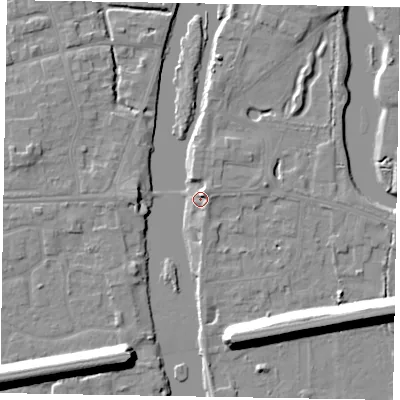 Shaded relief map of the ground around SL60AB, computed from Environment Agency LiDAR. The ground here sits at about 23 m above sea level and falls 13 m across the surrounding 800 m. Surface water reaching this point runs off ground lying to the north-north-east, 3.1 m higher.