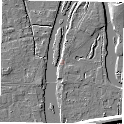 Shaded relief map of the ground around SL60AD, computed from Environment Agency LiDAR. The ground here sits at about 24 m above sea level and falls 18 m across the surrounding 800 m. Surface water reaching this point runs off ground lying to the north-north-east, 4.6 m higher.