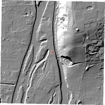 Shaded relief map of the ground around SL60AF, computed from Environment Agency LiDAR. The ground here sits at about 25 m above sea level and falls 48 m across the surrounding 800 m. Surface water reaching this point runs off ground lying to the south-south-east, 3.8 m higher.