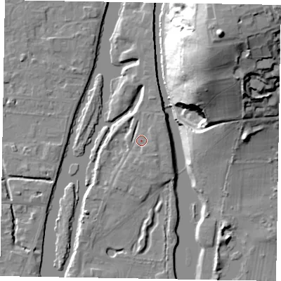 Shaded relief map of the ground around SL60AG, computed from Environment Agency LiDAR. The ground here sits at about 25 m above sea level and falls 48 m across the surrounding 800 m. Surface water reaching this point runs off ground lying to the east-south-east, 2.5 m higher.