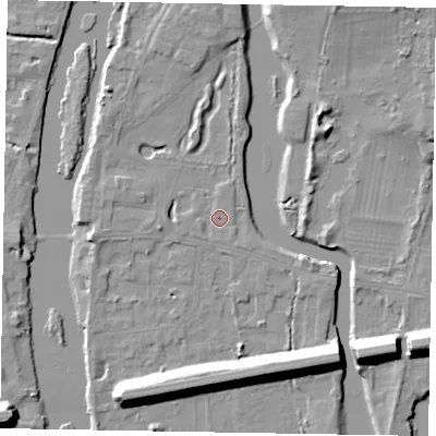 Shaded relief map of the ground around SL60AH, computed from Environment Agency LiDAR. The ground here sits at about 23 m above sea level and falls 15 m across the surrounding 800 m. Surface water reaching this point runs off ground lying to the west, 0.9 m higher.