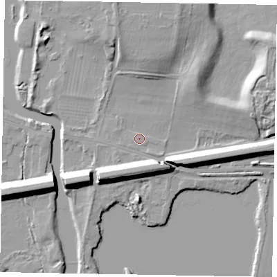 Shaded relief map of the ground around SL60AJ, computed from Environment Agency LiDAR. The ground here sits at about 24 m above sea level and falls 13 m across the surrounding 800 m. Surface water reaching this point runs off ground lying to the south-south-west, 9.9 m higher.