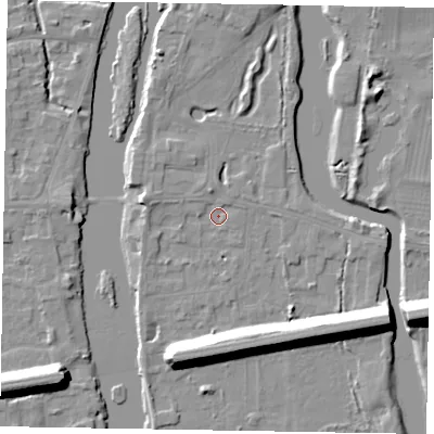 Shaded relief map of the ground around SL60AR, computed from Environment Agency LiDAR. The ground here sits at about 23 m above sea level and falls 13 m across the surrounding 800 m. Surface water reaching this point runs off ground lying to the south-south-west, 11.5 m higher.