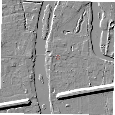 Shaded relief map of the ground around SL60AS, computed from Environment Agency LiDAR. The ground here sits at about 24 m above sea level and falls 13 m across the surrounding 800 m. Surface water reaching this point runs off ground lying to the west-north-west, 1.9 m higher.