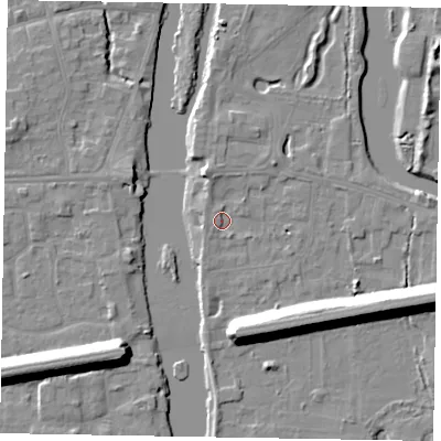 Shaded relief map of the ground around SL60AT, computed from Environment Agency LiDAR. The ground here sits at about 24 m above sea level and falls 13 m across the surrounding 800 m. Surface water reaching this point runs off ground lying to the south-south-east, 11.5 m higher.