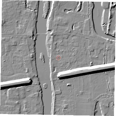Shaded relief map of the ground around SL60AU, computed from Environment Agency LiDAR. The ground here sits at about 23 m above sea level and falls 13 m across the surrounding 800 m. Surface water reaching this point runs off ground lying to the west, 2.0 m higher.
