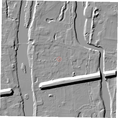 Shaded relief map of the ground around SL60AX, computed from Environment Agency LiDAR. The ground here sits at about 23 m above sea level and falls 13 m across the surrounding 800 m. Surface water reaching this point runs off ground lying to the south-south-west, 1.7 m higher.