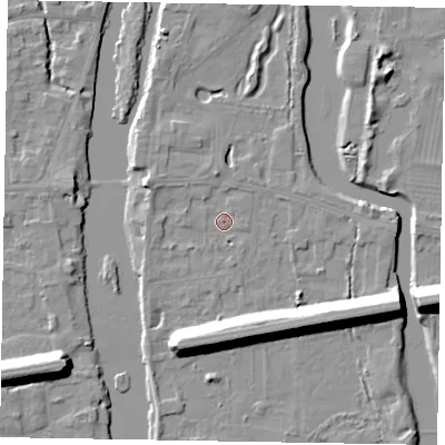 Shaded relief map of the ground around SL60AY, computed from Environment Agency LiDAR. The ground here sits at about 23 m above sea level and falls 13 m across the surrounding 800 m. Surface water reaching this point runs off ground lying to the south-west, 2.0 m higher.