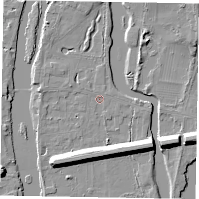 Shaded relief map of the ground around SL60AZ, computed from Environment Agency LiDAR. The ground here sits at about 23 m above sea level and falls 13 m across the surrounding 800 m. Surface water reaching this point runs off ground lying to the south-south-west, 11.5 m higher.
