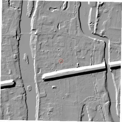 Shaded relief map of the ground around SL60BA, computed from Environment Agency LiDAR. The ground here sits at about 23 m above sea level and falls 13 m across the surrounding 800 m. Surface water reaching this point runs off ground lying to the south-west, 11.1 m higher.