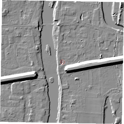 Shaded relief map of the ground around SL60BB, computed from Environment Agency LiDAR. The ground here sits at about 22 m above sea level and falls 13 m across the surrounding 800 m. Surface water reaching this point runs off ground lying to the south-east, 10.6 m higher.