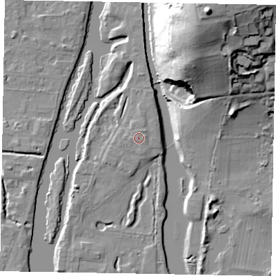 Shaded relief map of the ground around SL60BF, computed from Environment Agency LiDAR. The ground here sits at about 26 m above sea level and falls 48 m across the surrounding 800 m. Surface water reaching this point runs off ground lying to the north-east, 0.6 m higher.