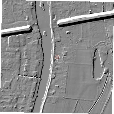 Shaded relief map of the ground around SL60BG, computed from Environment Agency LiDAR. The ground here sits at about 23 m above sea level and falls 13 m across the surrounding 800 m. Surface water reaching this point runs off ground lying to the south, 2.0 m higher.