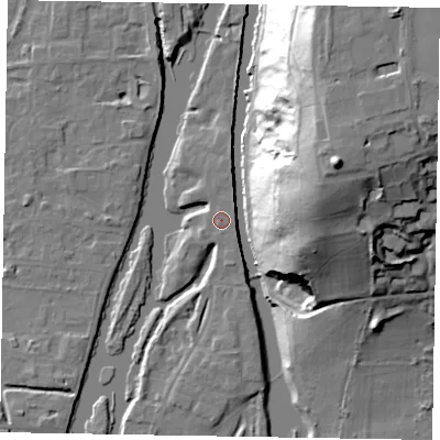 Shaded relief map of the ground around SL60BN, computed from Environment Agency LiDAR. The ground here sits at about 25 m above sea level and falls 48 m across the surrounding 800 m. The ground contributing surface water to this point lies to the north.