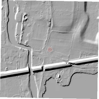 Shaded relief map of the ground around SL60BW, computed from Environment Agency LiDAR. The ground here sits at about 24 m above sea level and falls 13 m across the surrounding 800 m. Surface water reaching this point runs off ground lying to the north, 10.8 m higher.